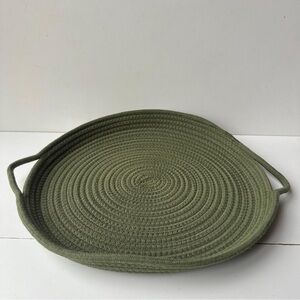 Round Sage Green Woven Cotton Rope Tray with Handles - Decorative Storage Basket
